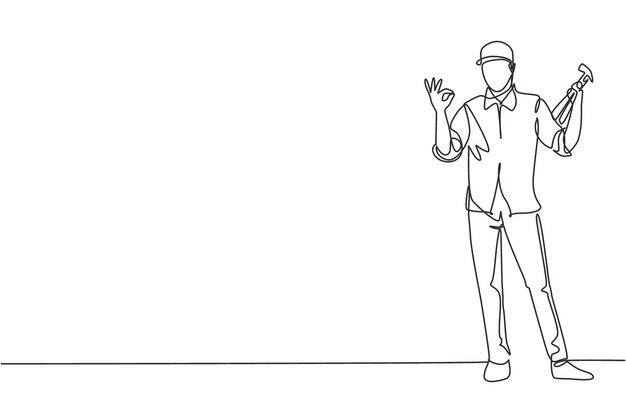 Dibujo de una sola línea de carpintero de pie con gesto bien funciona para el vector de la industria de la madera
