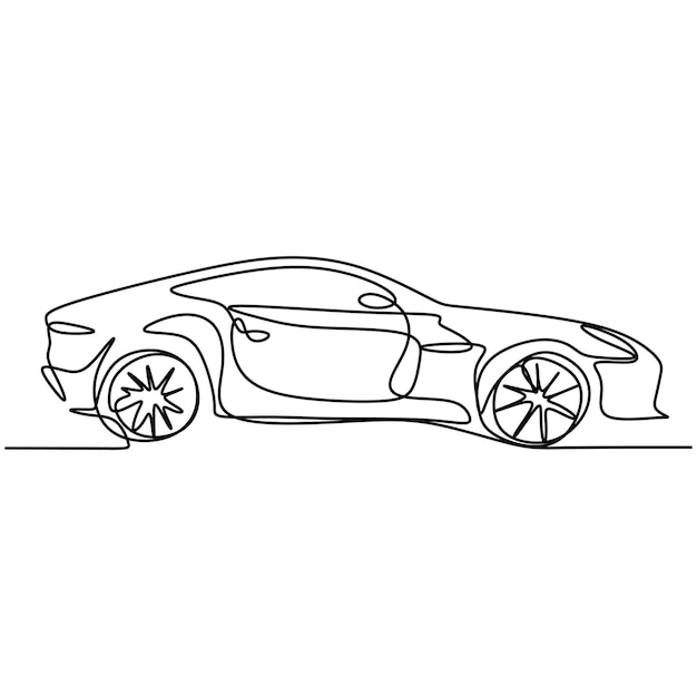 Dibujo de una sola línea de carreras de autos deportivos y carreras de autos deportivos de lujo línea de dibujo continua dibujada a mano sobre un fondo blanco Concepto de transporte de vehículos de carreras de autos