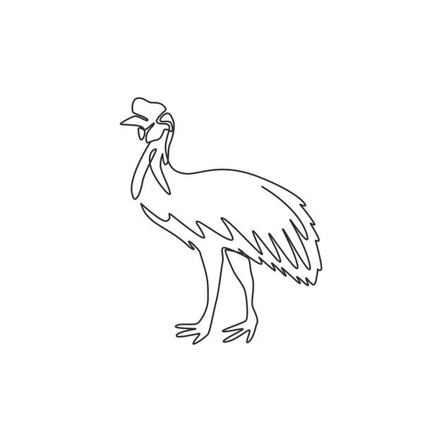 Un dibujo de una sola línea de cassowary para la identidad del logotipo de la compañía pájaro en peligro de extinción para el icono nacional