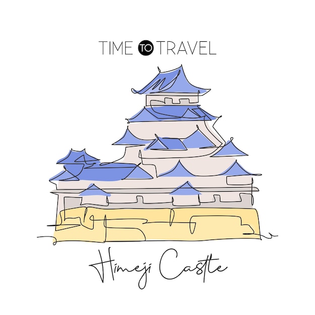 Vector un dibujo de una sola línea del castillo de himeji, arte mural emblemático, famoso palacio icónico en himeji en japón.