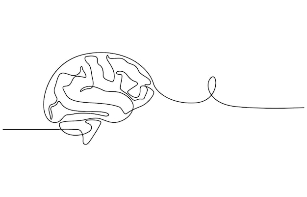 Un dibujo de una sola línea del cerebro humano inteligente desde la vista lateral de la identidad del logotipo