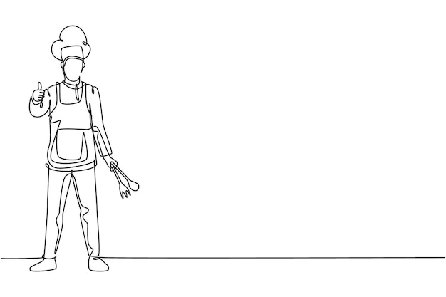 Un dibujo de una sola línea del chef se para con un gesto con el pulgar hacia arriba y el uniforme de cocina se prepara