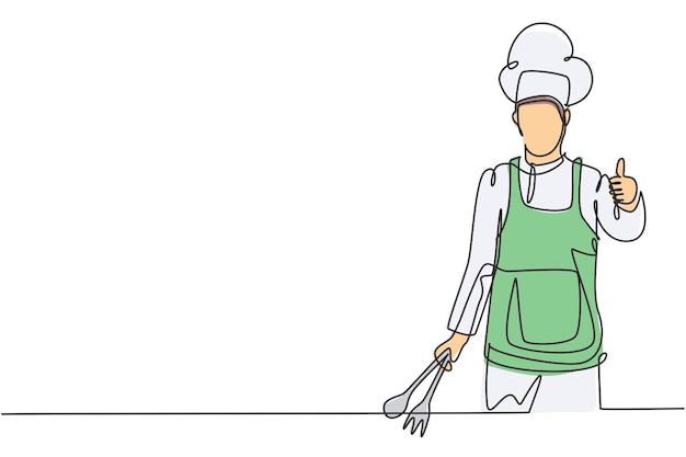 El dibujo de una sola línea del chef con gestos con el pulgar hacia arriba y uniformes está listo para cocinar