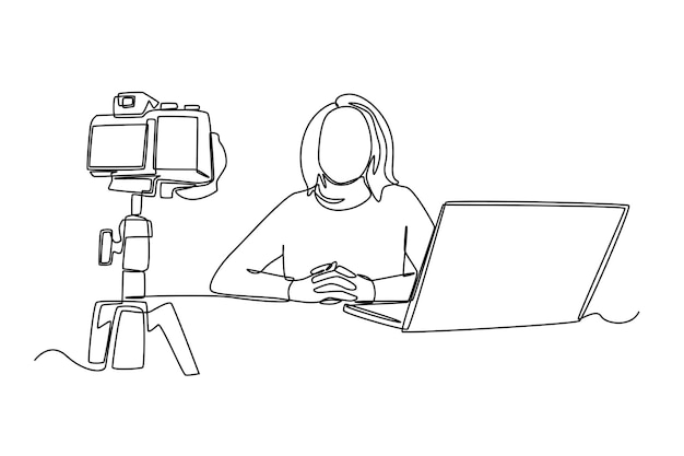 Dibujo de una sola línea chica feliz grabando blog de video vlog en casa usando la cámara Concepto de vlogging Ilustración de vector gráfico de diseño de dibujo de línea continua