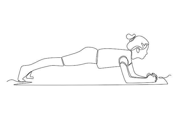 Dibujo de una sola línea chica feliz haciendo ejercicio de tablón Concepto de actividad física Dibujo de línea continua diseño gráfico vector ilustración