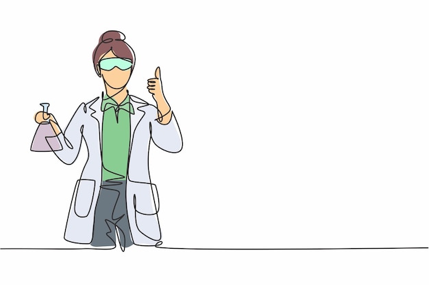 Dibujo de una sola línea de una científica con un gesto de pulgar hacia arriba y sosteniendo un vector de tubo de medición