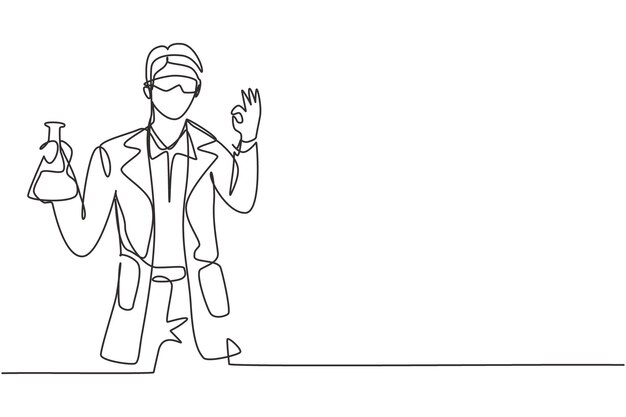 Dibujo de una sola línea de un científico masculino con un gesto bien y sosteniendo un vector de diseño de tubo de medición