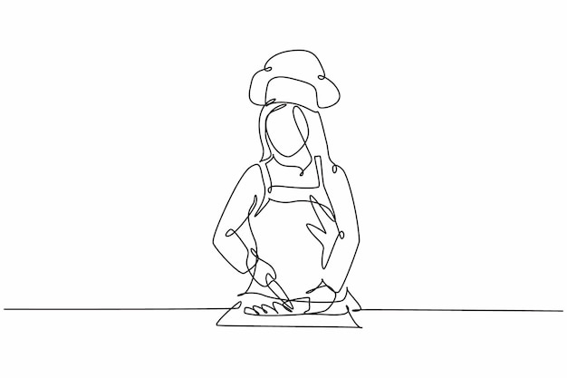 Dibujo de una sola línea de una cocinera feliz y atractiva cortando verduras en una tabla de cortar de madera