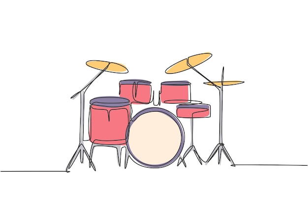 Un dibujo de una sola línea de un conjunto de banda de tambores. Vector gráfico de diseño de instrumentos musicales de percusión.