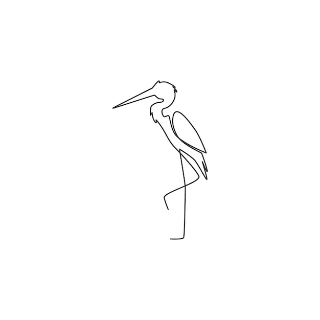 Dibujo de una sola línea continua de una adorable garza de pie, ilustración de diseño de icono de pájaro de patas largas