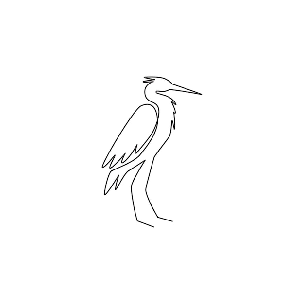 Dibujo de una sola línea continua de una adorable garza de pie, un pájaro de pico largo para el ícono del parque de conservación