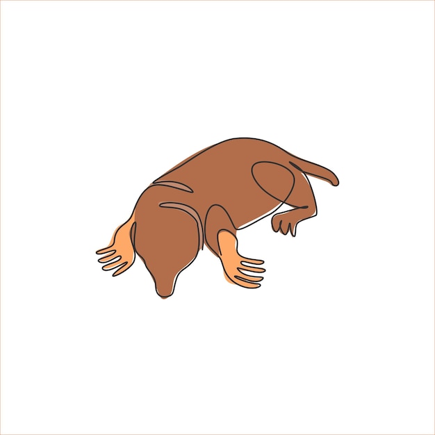 Dibujo de una sola línea continua de un adorable topo de césped para el logotipo Vector de diseño de pequeños mamíferos roedores