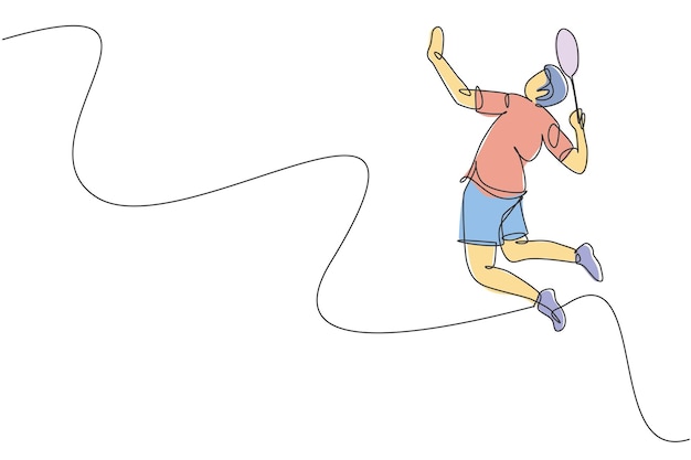 Dibujo de una sola línea continua de un ágil jugador de bádminton saltando un volante Vector de diseño deportivo
