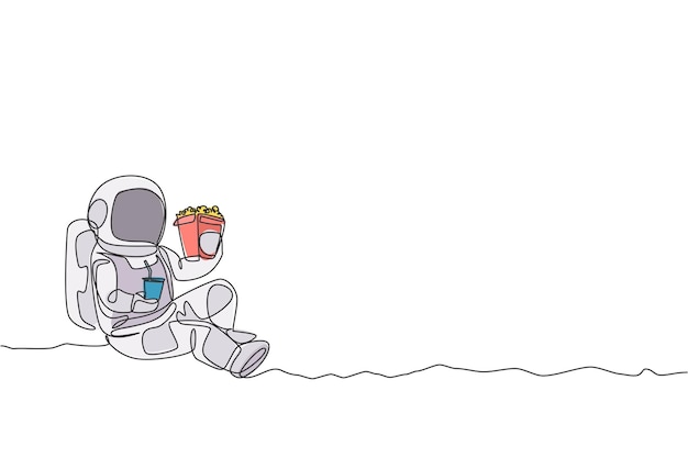 Dibujo de una sola línea continua de un astronauta sentado relajado en la superficie de la luna comiendo papas fritas vector