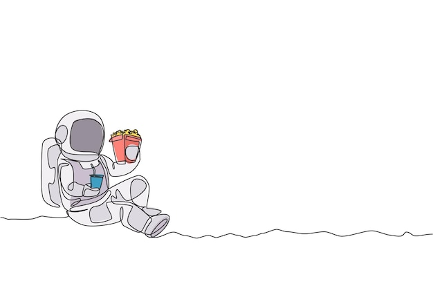 Vector dibujo de una sola línea continua de un astronauta sentado relajado en la superficie de la luna comiendo papas fritas vector