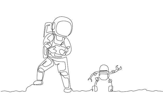 Dibujo de una sola línea continua de un astronauta tocando el control de radio del robot en el vector de la superficie lunar