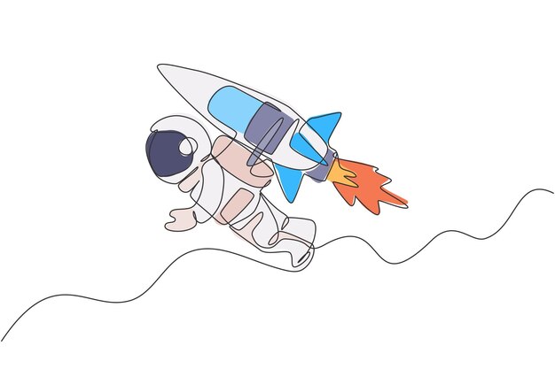 Dibujo de una sola línea continua de un astronauta en traje espacial volando en el espacio ultraterrestre con un vector de cohete