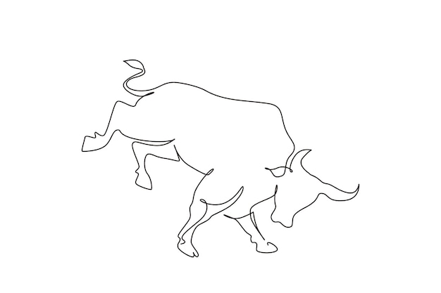 Dibujo de una sola línea continua ataque de toro salvaje Búfalo de elegancia para la conservación identidad del logotipo del parque nacional Concepto de mascota de toro grande y fuerte para espectáculo de rodeo Vector de diseño gráfico de dibujo de una línea