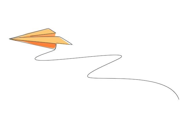 Dibujo de una sola línea continua avión de papel volador en el cielo Concepto de juguete de origami Dibujo de una línea de moda