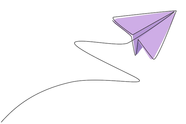 Dibujo de una sola línea continua de un avión de papel volando en el cielo Estilo minimalista de regreso a la escuela