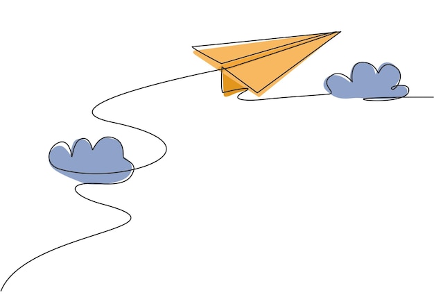 Dibujo de una sola línea continua de un avión de papel volando a través de las nubes sobre un vector de fondo blanco