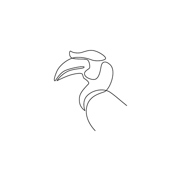 Dibujo de una sola línea continua de cabeza de cálao para el logotipo Pájaro de pico grande para el ícono del zoológico nacional