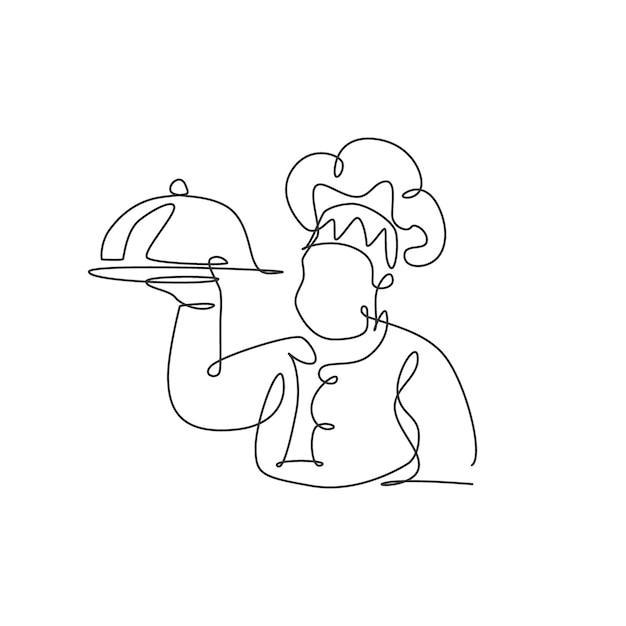 Dibujo de una sola línea continua de un chef que sirve comida para el logotipo del restaurante Servicio de entrega de alimentos