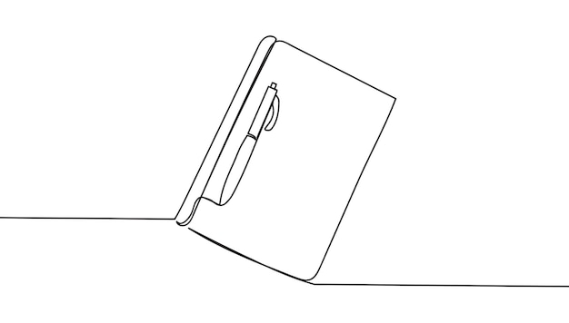 Dibujo de una sola línea continua de un cuaderno con un bolígrafo encima del escritorio