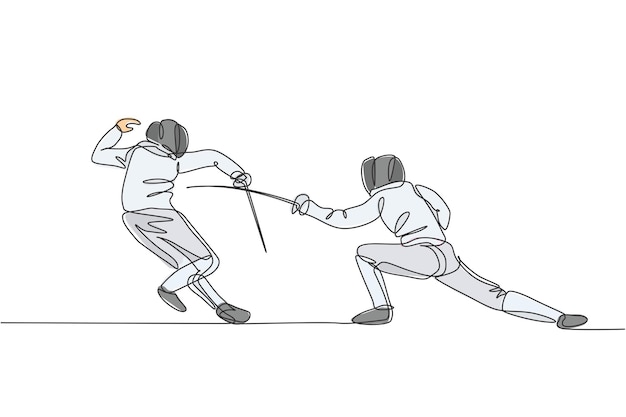 Dibujo de una sola línea continua de dos jóvenes atletas profesionales en un duelo de esgrima en la arena