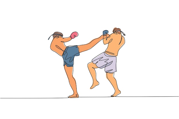 Dibujo de una sola línea continua de dos jóvenes deportistas entrenando boxeo tailandés en el centro del gimnasio