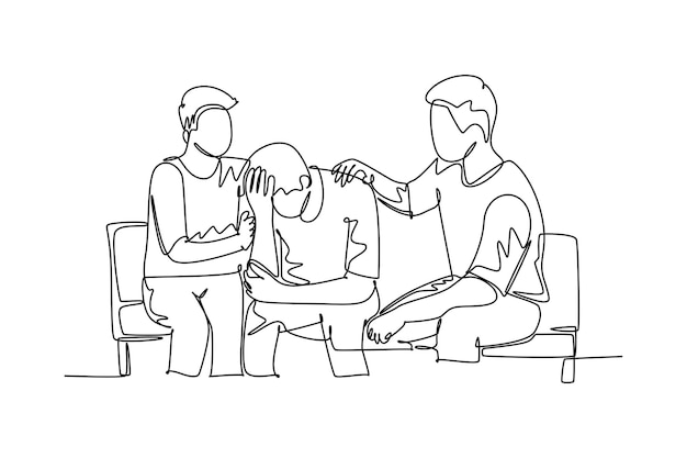 Dibujo de una sola línea continua de dos trabajadores jóvenes animando a su amigo de oficina triste y desesperado mientras está sentado en un banco Apoyo comercial de socio de trabajo Dibujo de una línea Ilustración vectorial de diseño gráfico