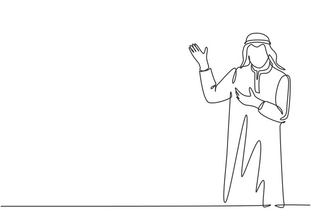 Dibujo de una sola línea continua empresario musulmán dando presentación de manos de gesto de explicación