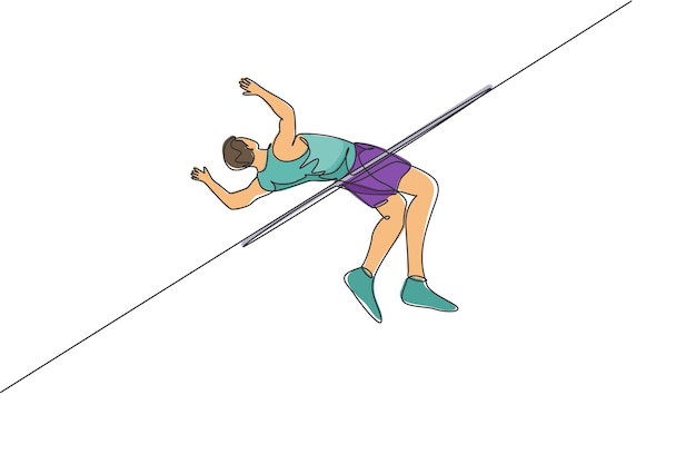 Dibujo de una sola línea continua entrenamiento masculino para pasar la barra en salto de altura Deporte atlético saludable