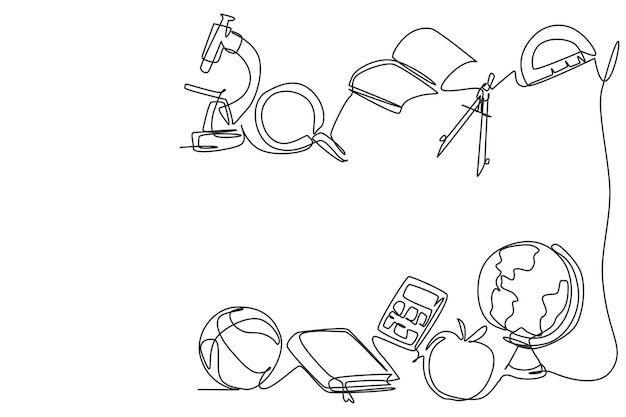 Dibujo de una sola línea continua del equipo escolar, como la lupa del globo del libro, de regreso a la escuela