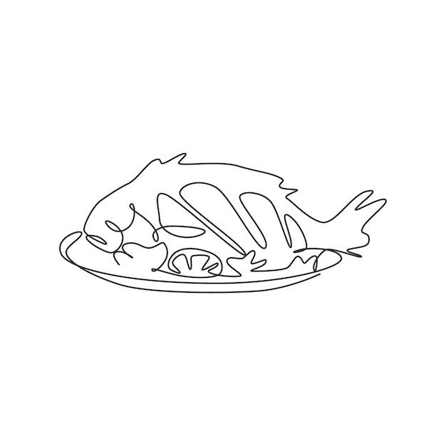 Dibujo de una sola línea continua, etiqueta estilizada con logotipo de pescado de mar al horno, entrega de comida de mariscos a la parrilla