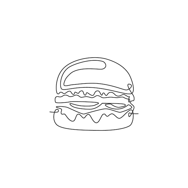 Dibujo de una sola línea continua de la etiqueta del logotipo de la hamburguesa americana Emblema del restaurante de sándwiches de comida rápida