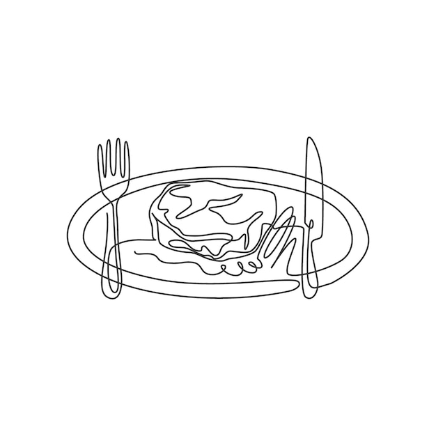 Dibujo de una sola línea continua de filete de romero estilizado en un plato con el logo de filete de cuchillo y tenedor