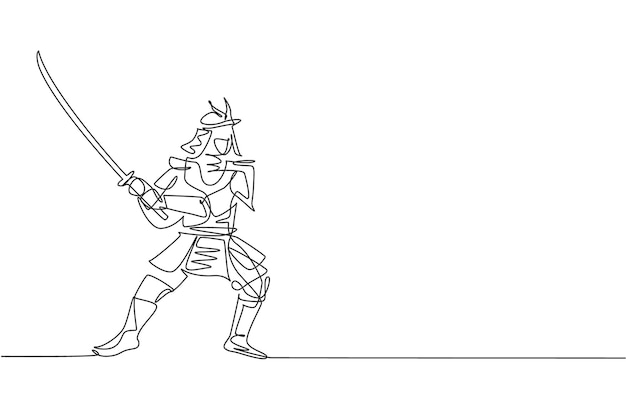 Dibujo de una sola línea continua de un fuerte shogun samurái con uniforme tradicional sosteniendo una espada