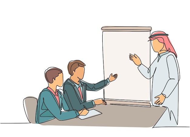 Un dibujo de una sola línea continua de un fundador musulmán hace una presentación a un posible inversionista