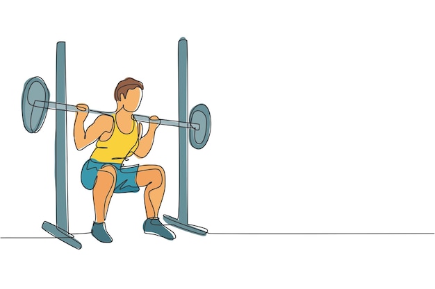 Dibujo de una sola línea continua de un hombre deportivo que levanta pesas en el centro del club de gimnasia deportiva