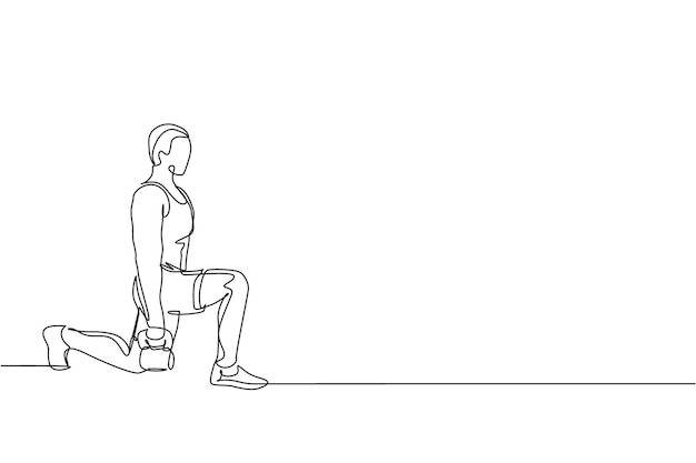 Dibujo de una sola línea continua hombre entrenando hacia arriba y hacia abajo con pesas rusas Concepto de estiramiento físico