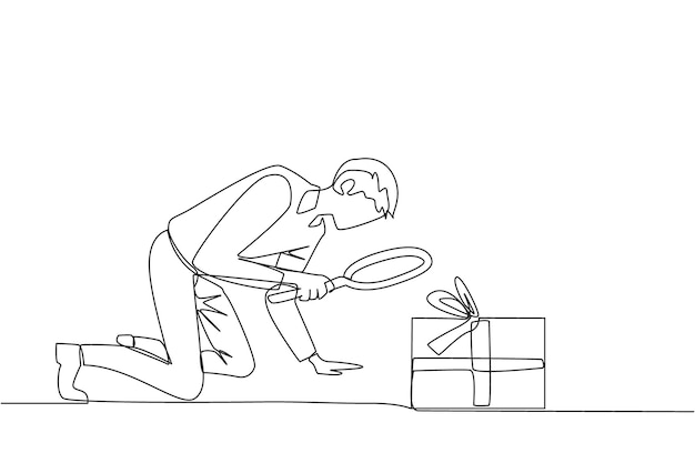El dibujo de una sola línea continua de un hombre de negocios con una lupa destaca la caja de regalos