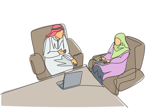 Dibujo de una sola línea continua de un hombre de negocios y una mujer de negocios musulmanes discutiendo un proyecto empresarial