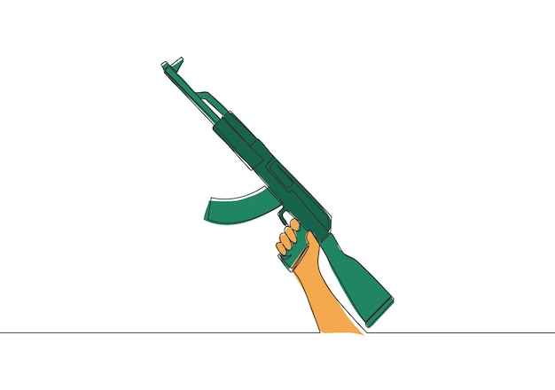Dibujo de una sola línea continua de un hombre que sostiene un rifle de asalto militar Concepto de arma de defensa
