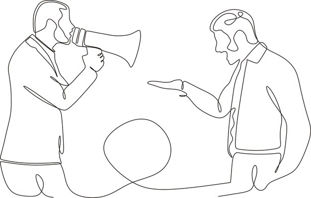 Dibujo de una sola línea continua infeliz hombre de negocios árabe perseguido por megáfono Manager feeli