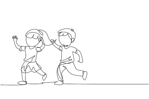 Dibujo de una sola línea continua intimidando a los niños Niño enojado tirando del cabello de las niñas Ella mira de shock y dolor Problema de intimidación física en la escuela Dibujo de una línea diseño gráfico ilustración vectorial