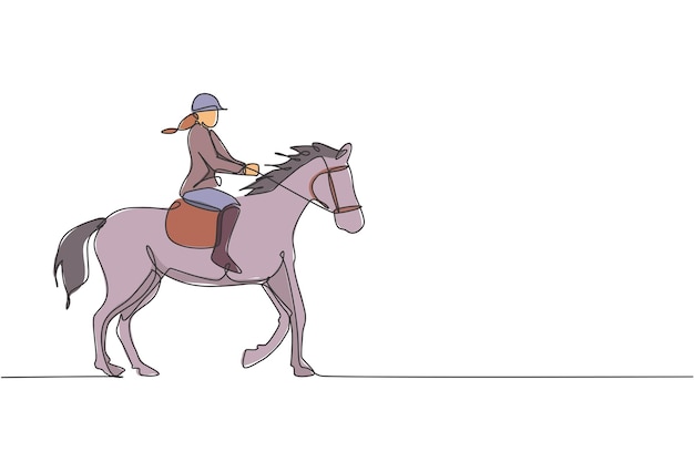 Dibujo de una sola línea continua de un jinete profesional saltando con un caballo sobre el obstáculo