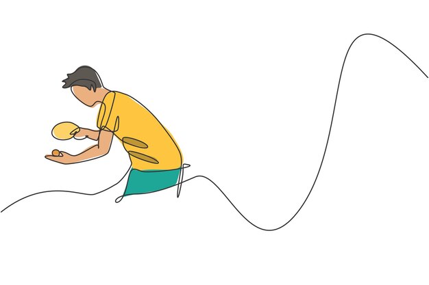 Dibujo de una sola línea continua de un joven ágil jugador de tenis de mesa enfocado en servir ejercicio deportivo