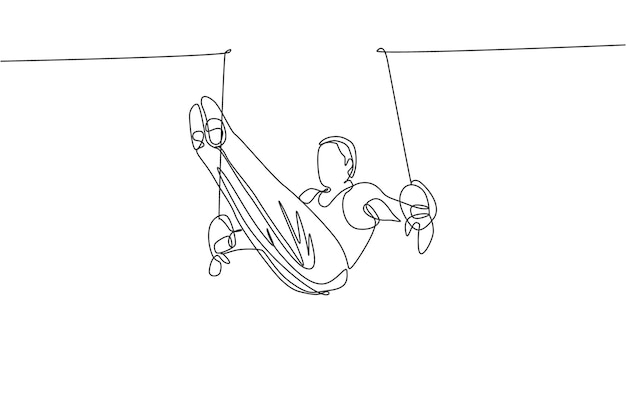 Dibujo de una sola línea continua joven y apuesto gimnasta profesional realiza acrobacias Anillos firmes