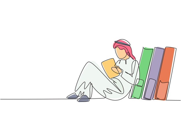 Dibujo de una sola línea continua de un joven árabe que lee, aprende y se apoya en una pila de libros grandes